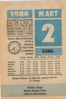 2 Mart 1984 Takvim Yaprağı EFM(N)6065 - 3