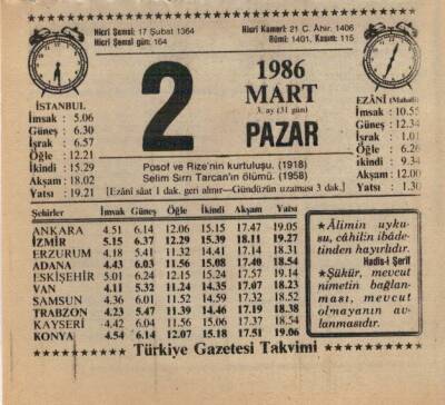 2 Mart 1986 Takvim Yaprağı EFM(N)5912 - 3