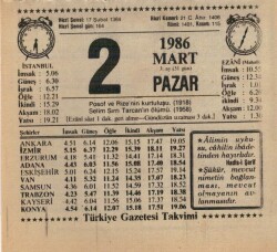 2 Mart 1986 Takvim Yaprağı EFM(N)5912 - 1