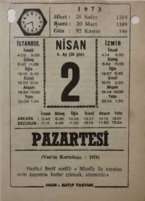 2 Nisan 1973 Takvim Yaprağı - Doğum Günü Hediyesi EFM(N)8099 - 2