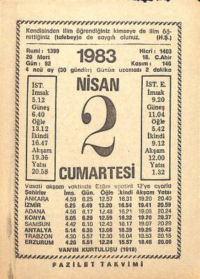 2 Nisan 1983 Takvim Yaprağı - Doğum Günü Hediyesi EFM(N)12498 - 1