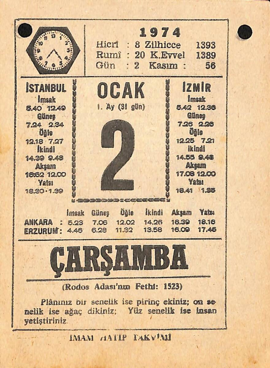 2 Ocak 1974 Takvim Yaprağı - Doğum Günü Hediyesi EFMN13688 - 1