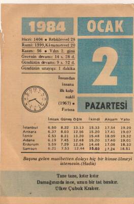 2 Ocak 1984 Takvim Yaprağı EFM(N)4741 - 1