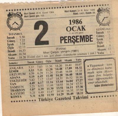 2 Ocak 1986 Takvim Yaprağı EFM(N)5020 - 1