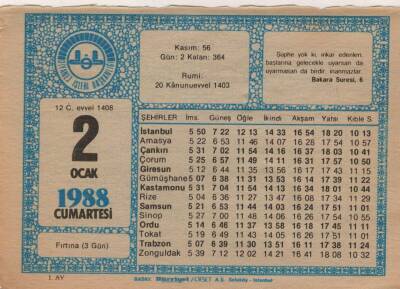 2 Ocak 1988 Takvim Yaprağı EFM(N)4896 - 1