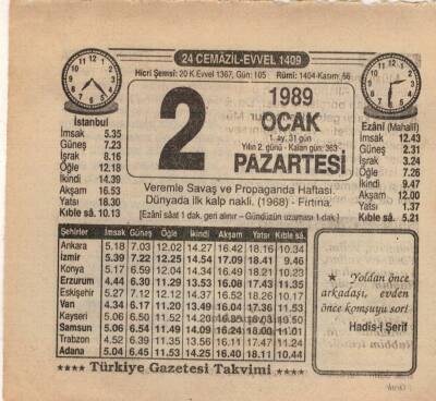 2 Ocak 1989 Takvim Yaprağı EFM(N)4710 - 1