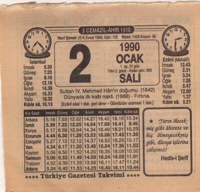 2 Ocak 1990 Takvim Yaprağı EFM(N)4679 - 1