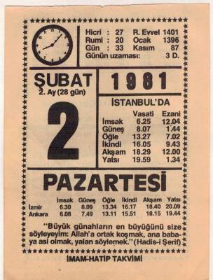 2 Şubat 1981 Takvim Yaprağı EFM(N)5410 - 1