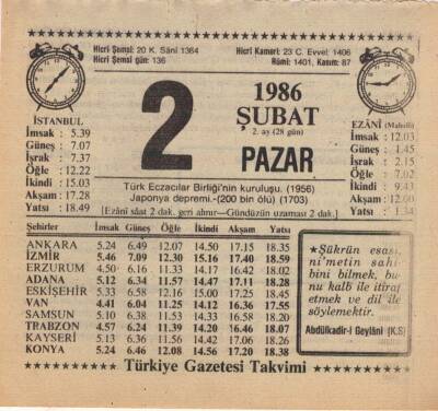 2 Şubat 1986 Takvim Yaprağı EFM(N)5213 - 1