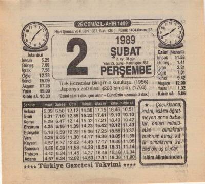 2 Şubat 1989 Takvim Yaprağı EFM(N)5354 - 1