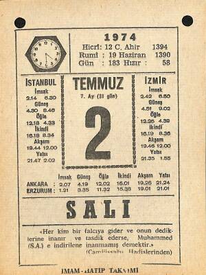 2 Temmuz 1974 Takvim Yaprağı - Doğum Günü Hediyesi EFM(N)12129 - 1