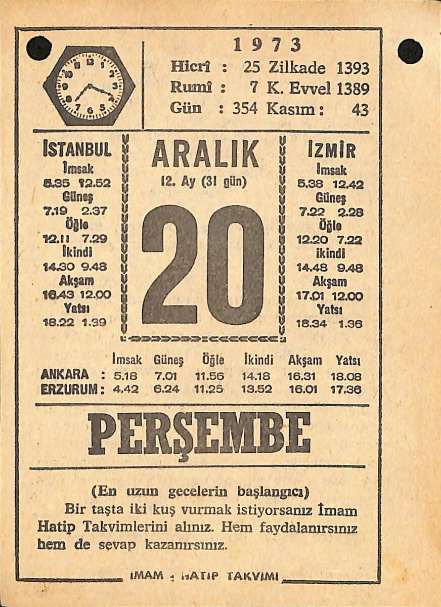 20 Aralık 1973 Takvim Yaprağı - Doğum Günü Hediyesi EFMN13667 - 1