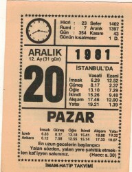 20 Aralık 1981 Takvim Yaprağı EFM(N)4425 - 3