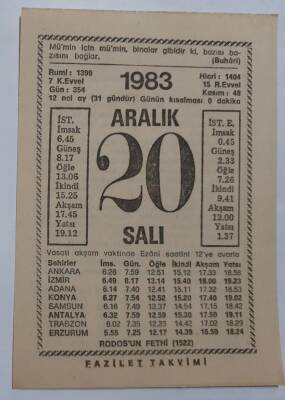 20 Aralık 1983 Takvim Yaprağı - Doğum Günü Hediyesi EFM(N)6900 - 1