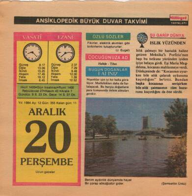 20 Aralık 1984 Takvim Yaprağı EFM(N)4086 - 3