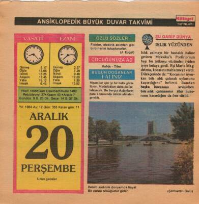 20 Aralık 1984 Takvim Yaprağı EFM(N)4086 - 1