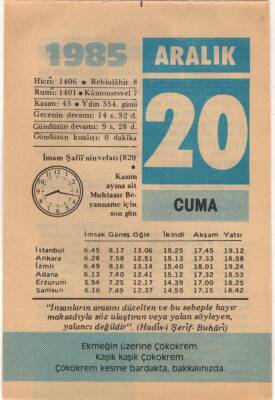 20 Aralık 1985 Takvim Yaprağı EFM(N)4117 - 3