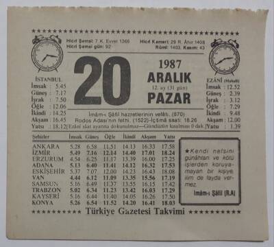 20 Aralık 1987 Takvim Yaprağı - Doğum Günü Hediyesi EFM(N)7189 - 1