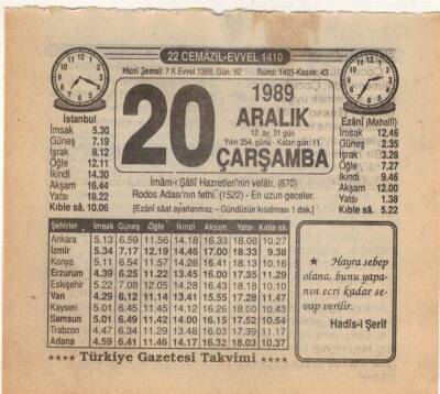 20 Aralık 1989 Takvim Yaprağı EFM(N)4210 - 1