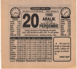 20 Aralık 1990 Takvim Yaprağı EFM(N)4148 - 3