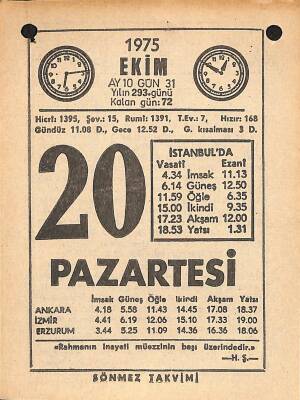 20 Ekim 1975 Takvim Yaprağı - Doğum Günü Hediyesi EFM(N)12554 - 1