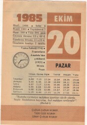 20 Ekim 1985 Takvim Yaprağı EFM(N)3052 - 3