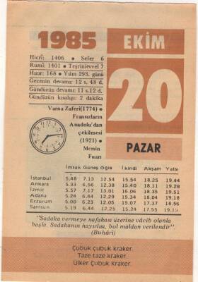 20 Ekim 1985 Takvim Yaprağı EFM(N)3052 - 3