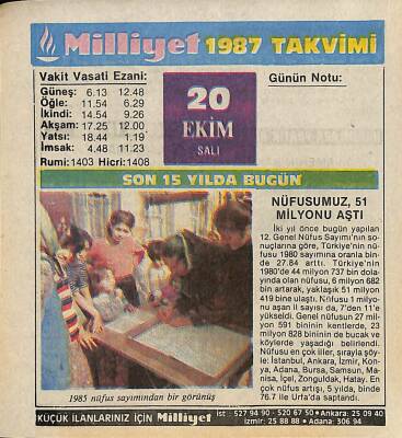 20 Ekim 1987 Resimli Takvim Yaprağı - Doğum Günü Hediyesi EFM(N)10518 - 2