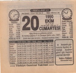 20 Ekim 1990 Takvim Yaprağı EFM(N)3145 - 3