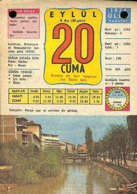 20 Eylül 1974 Takvim Yaprağı - Doğum Günü Hediyesi EFM(N)10446 - 3