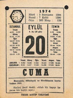 20 Eylül 1974 Takvim Yaprağı - Doğum Günü Hediyesi EFM(N)12353 - 1