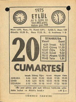 20 Eylül 1975 Takvim Yaprağı - Doğum Günü Hediyesi EFM(N)12526 - 1