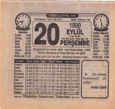 20 Eylül 1990 Takvim Yaprağı EFM(N)2875 - 1