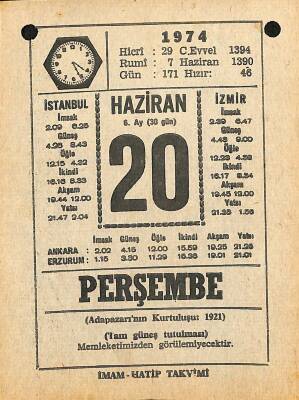 20 Haziran 1974 Takvim Yaprağı - Doğum Günü Hediyesi EFM(N)11955 - 1