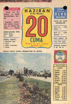 20 Haziran 1980 Takvim Yaprağı - Doğum Günü Hediyesi EFM(N)9137 - 1