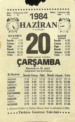 20 Haziran 1984 Takvim Yaprağı - Doğum Günü Hediyesi EFM(N)11639 - 1