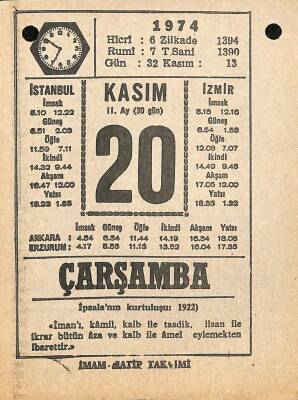 20 Kasım 1974 Takvim Yaprağı - Doğum Günü Hediyesi EFM(N)10782 - 4