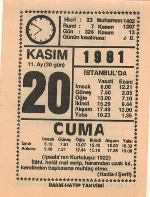 20 Kasım 1981 Takvim Yaprağı EFM(N)4272 - 3