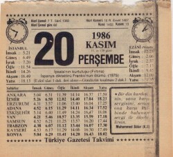 20 Kasım 1986 Takvim Yaprağı EFM(N)3420 - 3