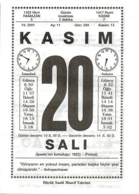 20 Kasım 2001 Takvim Yaprağı Doğum Günü Hediyesi EFM(N)4017 - 2