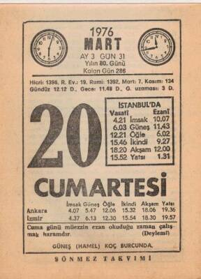 20 Mart 1976 Takvim Yaprağı EFM(N)5961 - 3