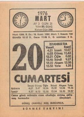 20 Mart 1976 Takvim Yaprağı EFM(N)5961 - 1