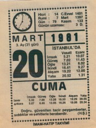 20 Mart 1981 Takvim Yaprağı EFM(N)6022 - 3