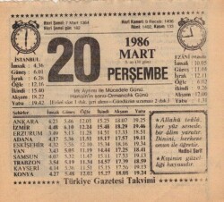 20 Mart 1986 Takvim Yaprağı EFM(N)5930 - 3