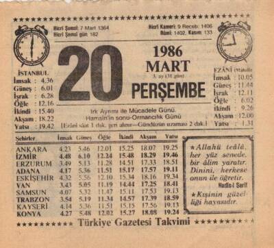 20 Mart 1986 Takvim Yaprağı EFM(N)5930 - 2