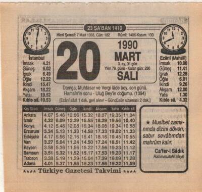 20 Mart 1990 Takvim Yaprağı EFM(N)5992 - 3