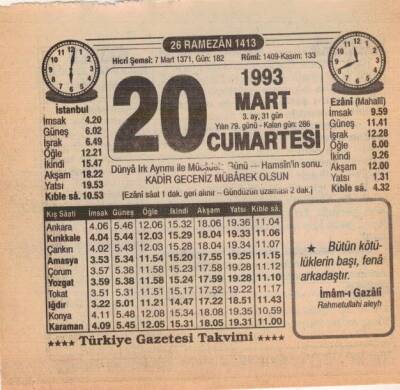 20 Mart 1993 Takvim Yaprağı EFM(N)6052 - 3