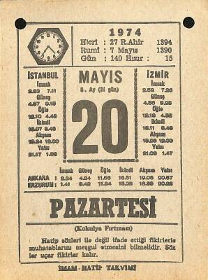 20 Mayıs 1974 Takvim Yaprağı - Doğum Günü Hediyesi EFM(N)11982 - 1