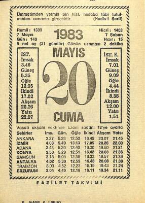 20 Mayıs 1983 Takvim Yaprağı - Doğum Günü Hediyesi EFM(N)12151 - 1