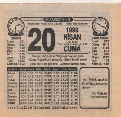 20 Nisan 1990 Takvim Yaprağı EFM(N)6173 - 1